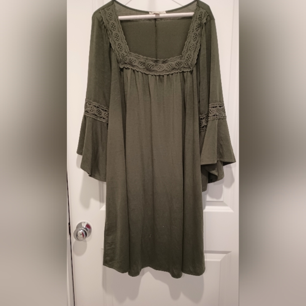 Indigo Olive Green Long Sleeve Boho Dress